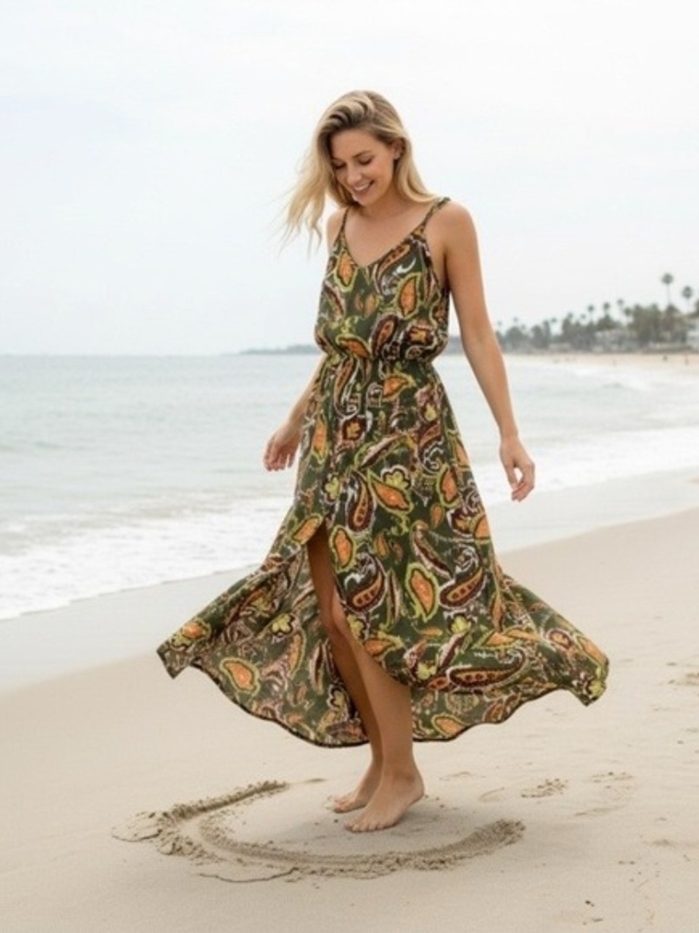 Earthbound Trading Co Paisley High Low Maxi Dress Olive/Multicolor Womens Large